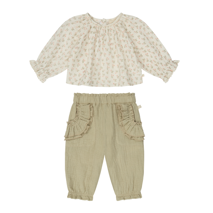 Floral Muslin Bloomer Blouse & Sage Muslin Frilled Pants Outfit