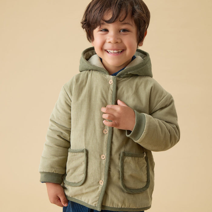 Green Corduroy Padded Hooded Coat