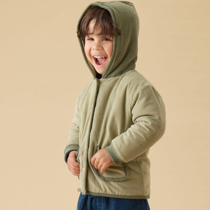 Green Corduroy Padded Hooded Coat