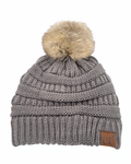 Hat-43 BEANIE W/FAUX FUR POM - EARTH GREY