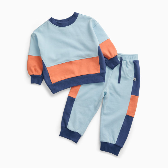 KIDLY by MORI Colorblock Sweatshirt & Joggers Outfit - Blue & Orange