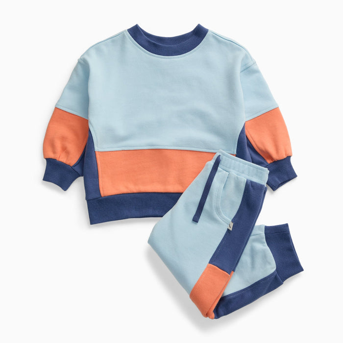 KIDLY by MORI Colorblock Sweatshirt & Joggers Outfit - Blue & Orange