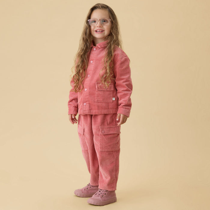 KIDLY by MORI Cord Shacket & Barrel Leg Cord Pants Outfit - Pink