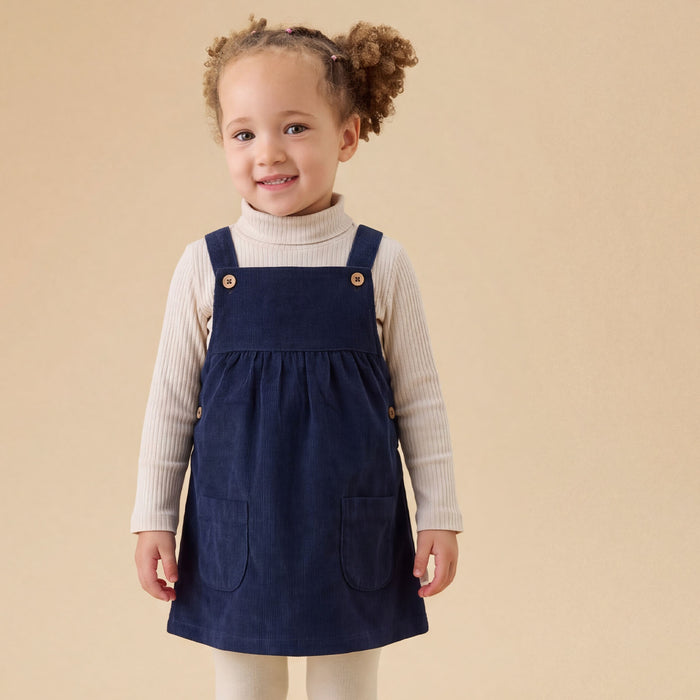 Navy Corduroy Pinafore Dress & Tights