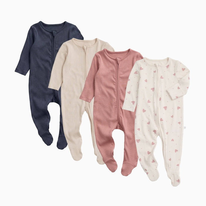 Ribbed Clever Zip Baby Pajamas 4 Pack - Hearts & Blush