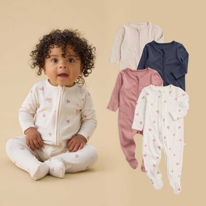 Ribbed Clever Zip Baby Pajamas 4 Pack - Hearts & Blush