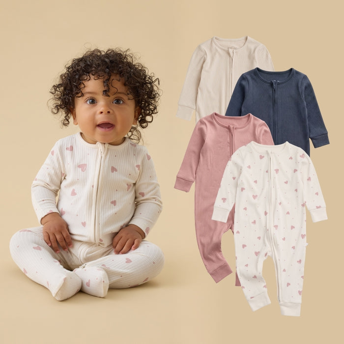 Ribbed Clever Zip Baby Pajamas 4 Pack - Hearts & Blush
