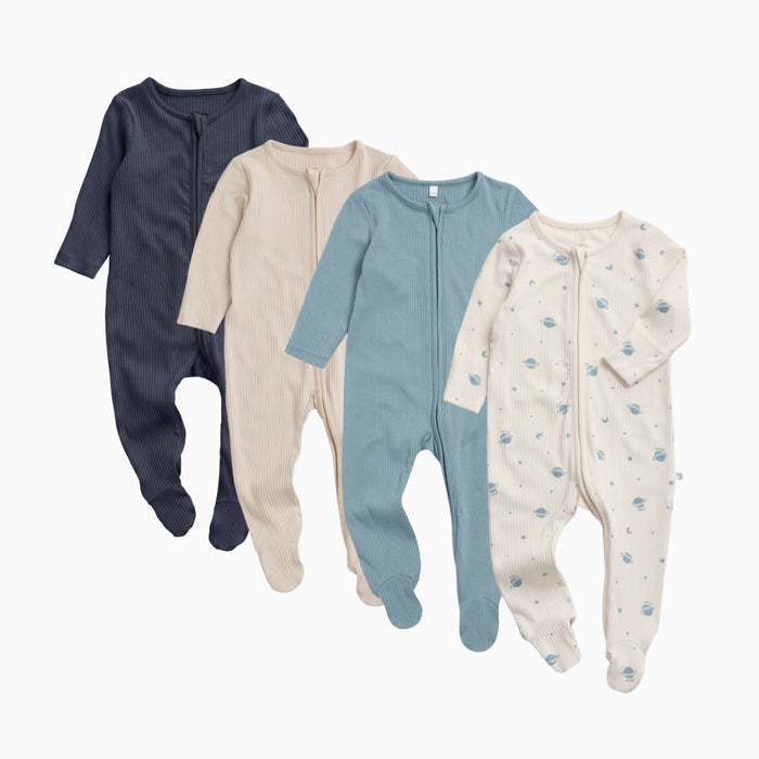 Ribbed Clever Zip Baby Pajamas 4 Pack - Space & Blue