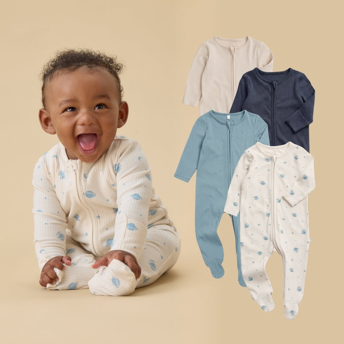 Ribbed Clever Zip Baby Pajamas 4 Pack - Space & Blue