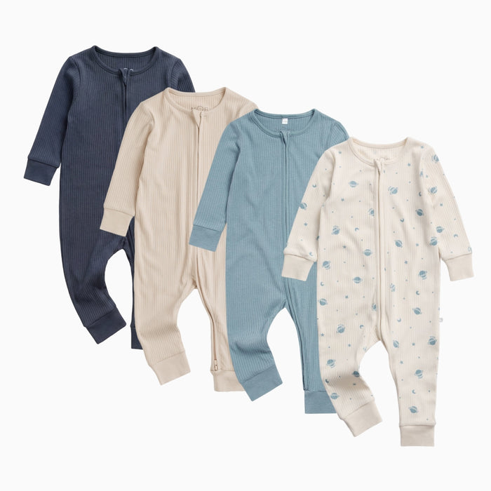 Ribbed Clever Zip Romper 4 Pack - Space & Blue