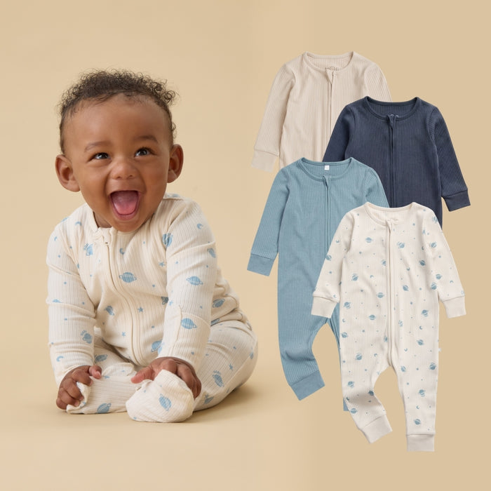 Ribbed Clever Zip Romper 4 Pack - Space & Blue