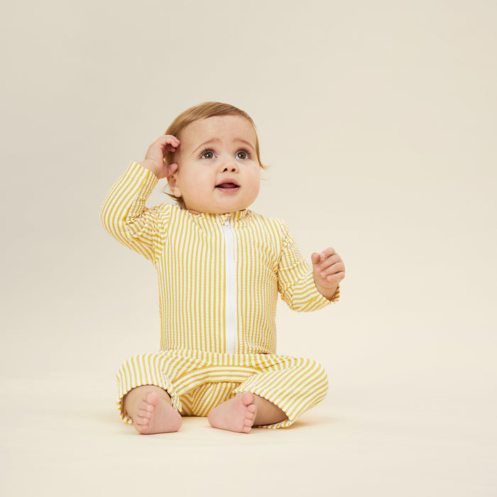 Seersucker Mustard Stripe One Piece Rashguard & Hat