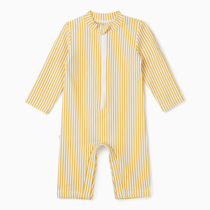 Seersucker Mustard Stripe One Piece Rashguard & Hat