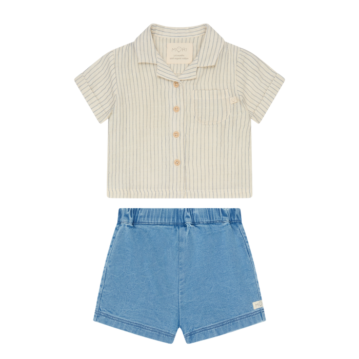 Striped Muslin Short Sleeve Shirt & Denim Shorts Set