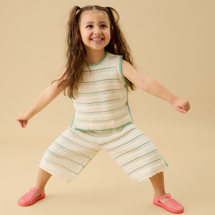 Striped Pointelle Knitted Top & Pants Outfit