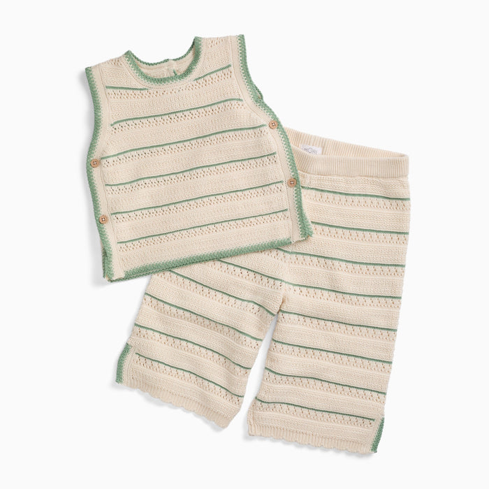 Striped Pointelle Knitted Top & Pants Outfit